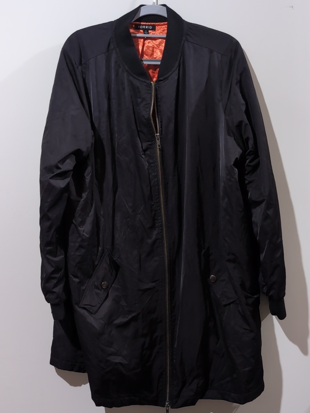 Torrid Long Black Bomber Jacket with Orange Lining